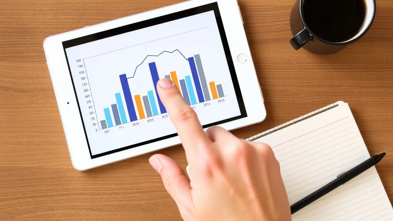 Hand on a tablet showing a bar chart of procurement savings, with a notebook and coffee