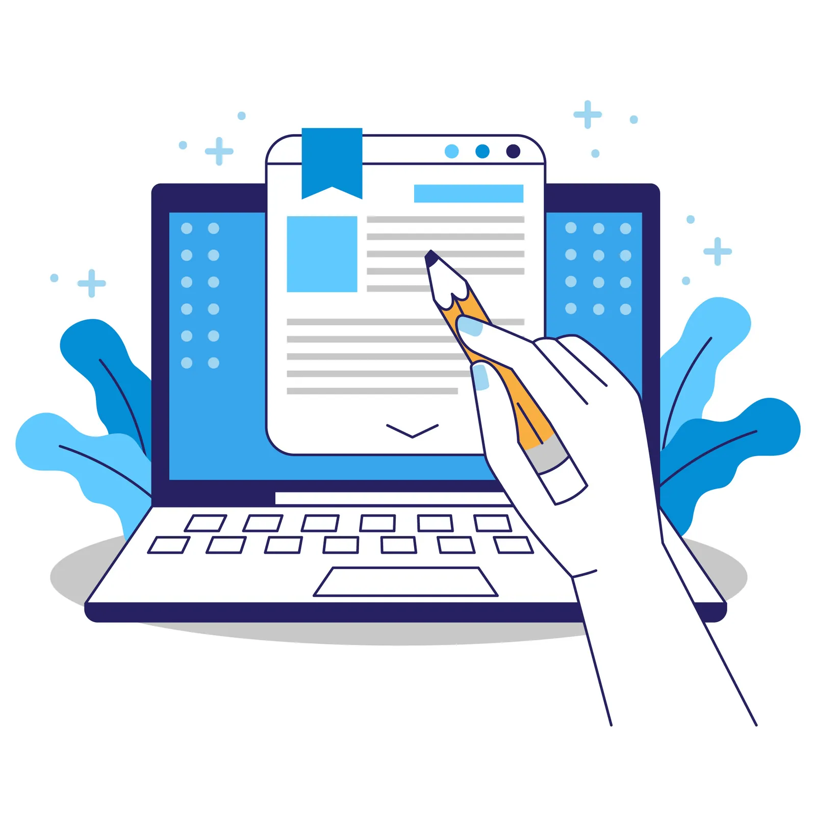 Illustration of a hand writing on a contractor proposal document on a laptop