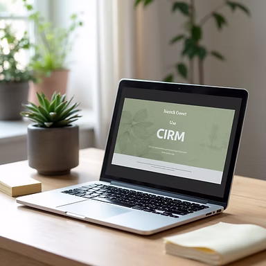 Laptop displaying CRM software with potted plant in background