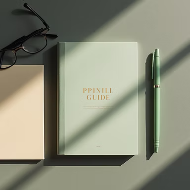 Mint green pencil guide book with pen and glasses on minimalist background