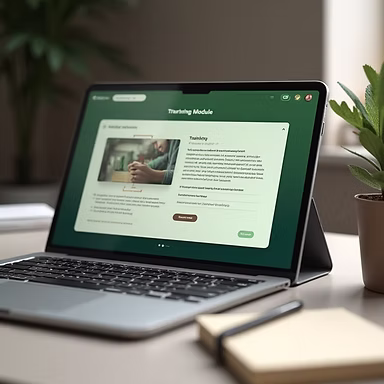 Laptop displaying green learning module webpage with plant in background