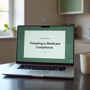 Laptop screen displaying webinar slide about Tinasting Medicare Compliance