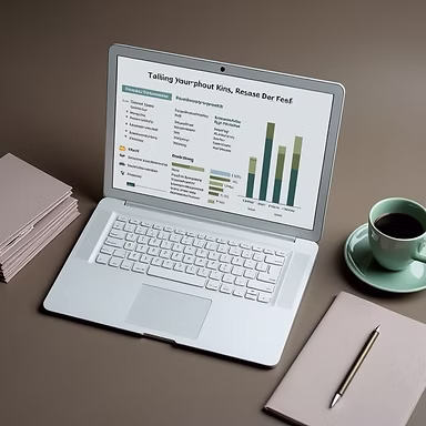 Laptop with financial graph, coffee cup, and notebook on minimalist desk