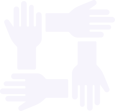 Four stylized hands arranged in a square, symbolizing teamwork and collaboration.