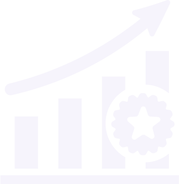 Bar chart with four ascending bars and an upward arrow indicating growth, alongside a badge with a star symbol.
