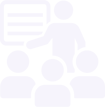 Icon of a person standing and pointing at a presentation board with three seated people watching.