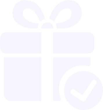 Icon of a gift box with a bow and a checkmark symbol.