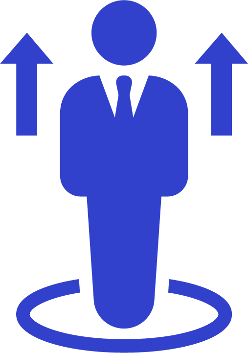 Blue icon of a person wearing a suit with arrows pointing upward on each side and a circular base beneath.
