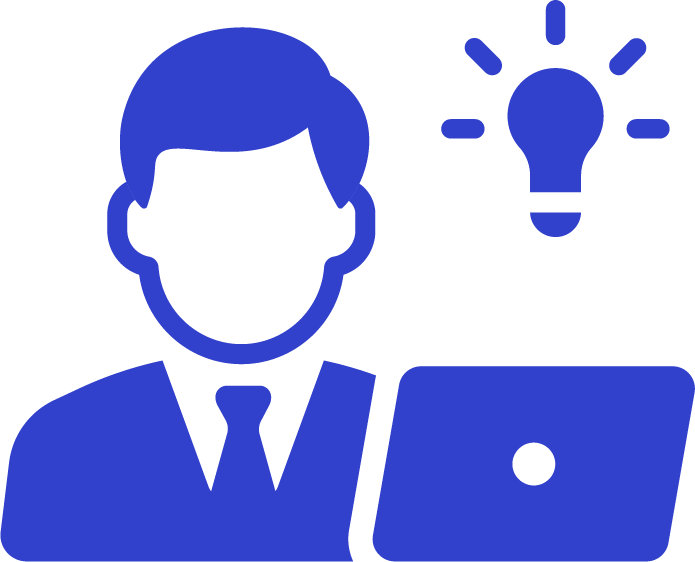 Icon of a person in business attire with a laptop and a glowing light bulb symbolizing an idea.