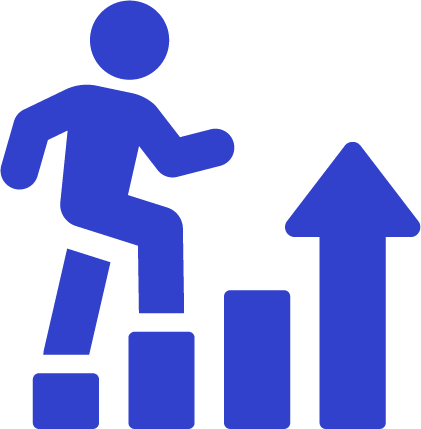 Blue icon of a person climbing upward stairs with an arrow pointing up.