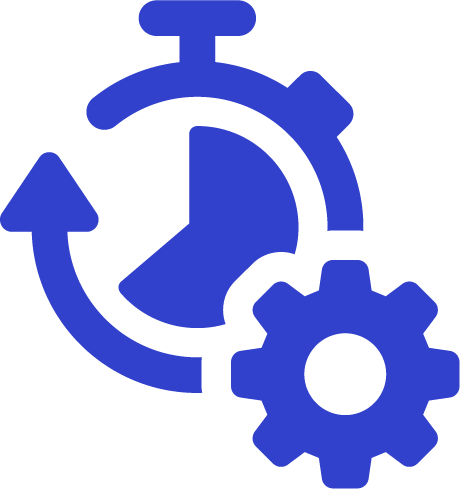 Blue icon of a stopwatch with a circular arrow around it and a gear representing time management or process optimization.