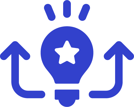 Blue light bulb with a star inside and two upward arrows on each side, symbolizing creative ideas or innovation.