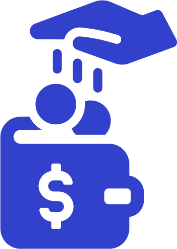Blue icon of a hand dropping coins into a wallet with a dollar sign.