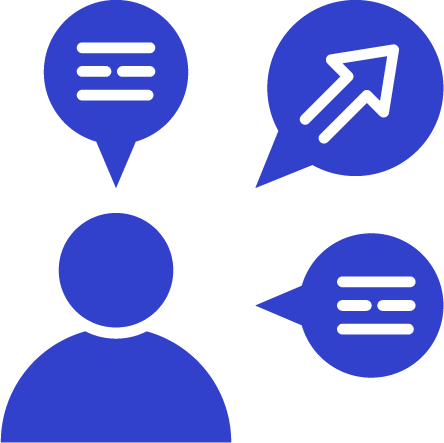 Blue silhouette of a person with three speech bubbles containing lines and an upward arrow symbol.