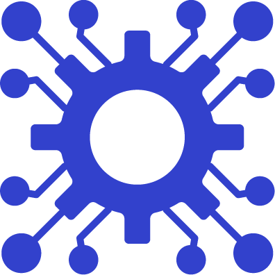 Blue gear icon with multiple connected circuit lines extending outward representing technology or network.