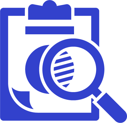 Blue icon of a clipboard with overlapping coins and a magnifying glass highlighting a portion of the coins.