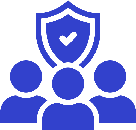 Three blue user icons with a shield bearing a checkmark above them representing secure user protection.