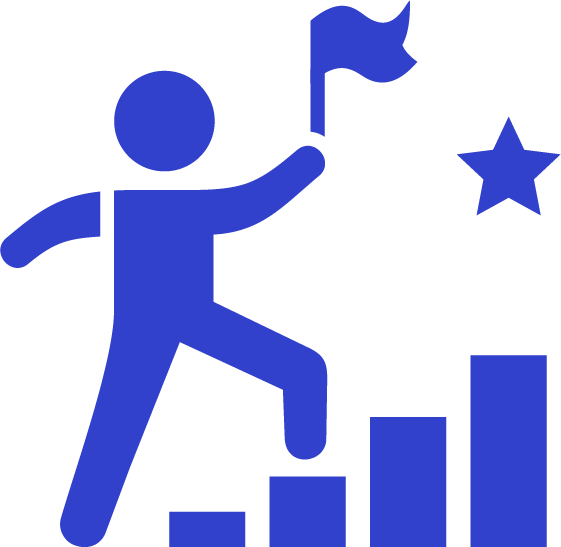 Icon of a person holding a flag, stepping up bars towards a star symbolizing achievement or success.