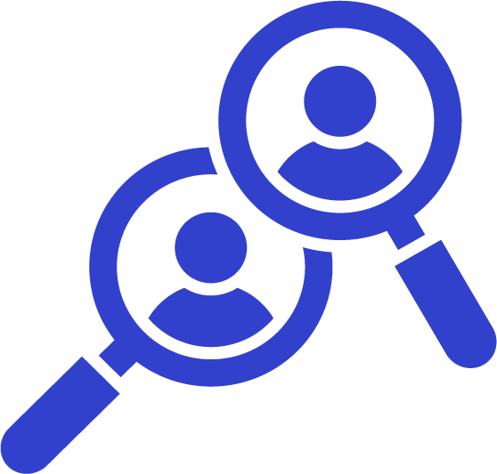 Two blue magnifying glasses each focusing on a person icon, symbolizing user search or recruitment.