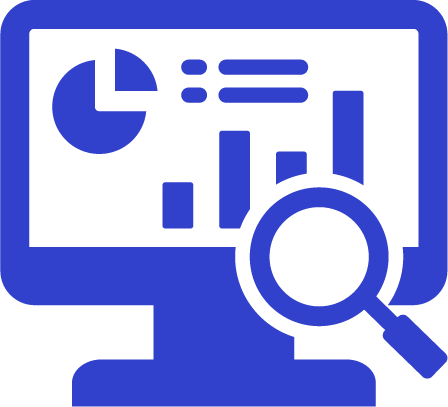 Computer monitor displaying a pie chart, bar chart, and lines of data with a magnifying glass emphasizing analysis.
