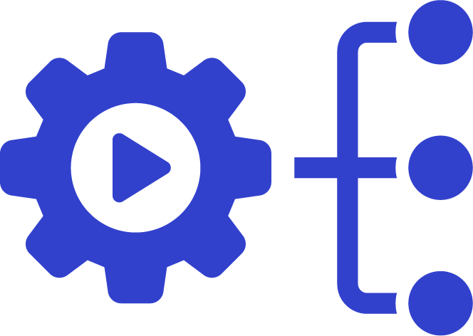 Blue gear icon with a play button inside connected to three dots by lines, representing automation workflow.