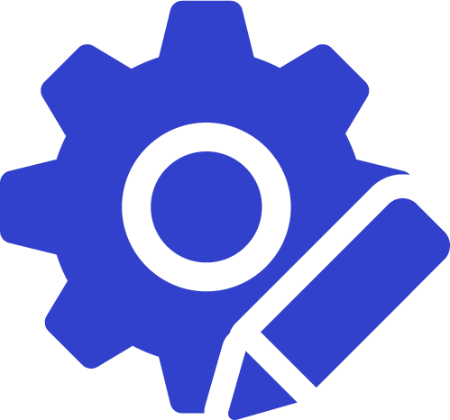 Blue gear icon with a pencil overlay representing settings or customization.
