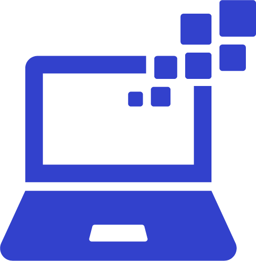 Blue laptop icon with pixelated squares emerging from the top right corner of the screen.