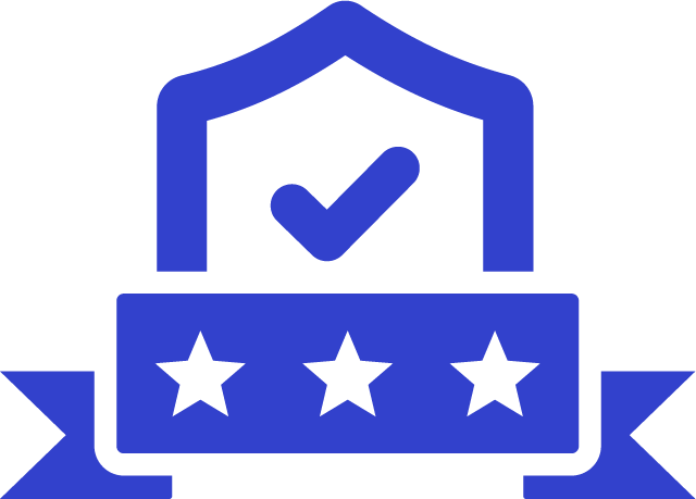 Blue shield with checkmark above a ribbon displaying three white stars.