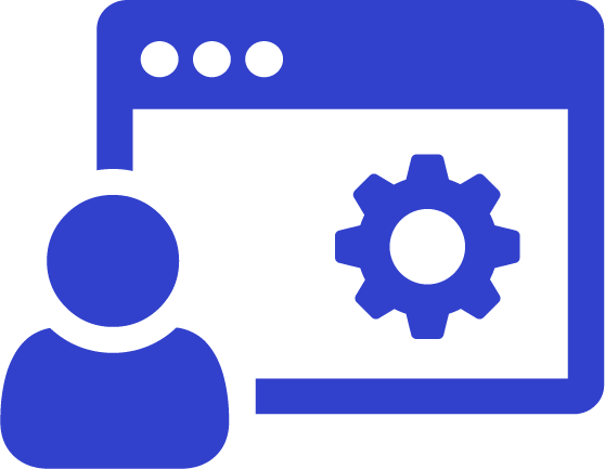 Icon of a person silhouette beside a computer window displaying a gear symbol representing user settings or configuration.