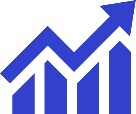 Blue bar chart with an upward trending arrow indicating growth or increase.