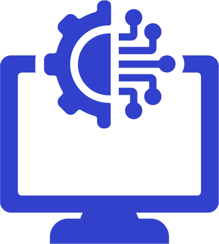 Blue computer monitor with half gear and half digital circuit design symbolizing technology and automation.