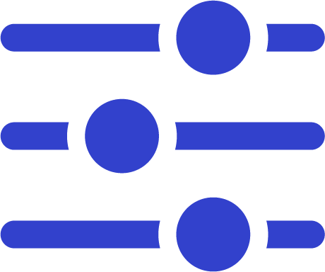 Blue icon depicting three horizontal sliders with circular knobs representing settings or adjustments.
