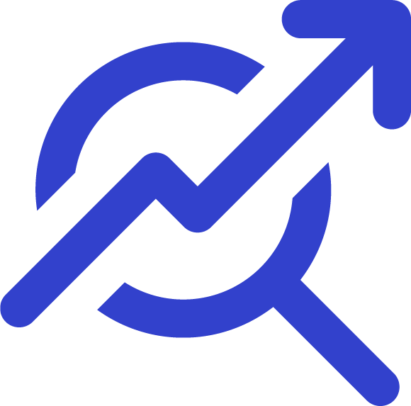 Blue magnifying glass with an ascending arrow inside symbolizing growth or analytics.