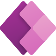 Microsoft Power Apps logo with overlapping purple and pink shapes.