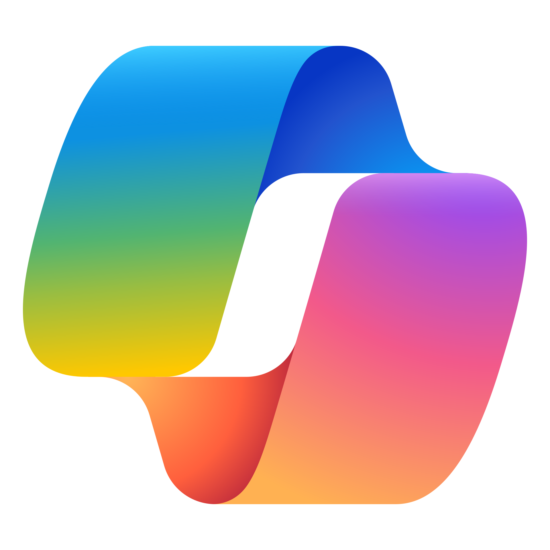 Microsoft icon: Abstract ribbon-like shape with gradient colors transitioning from blue to green, yellow, and orange on the left, and from purple to pink and peach on the right.
