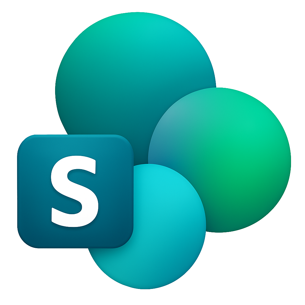 Microsoft SharePoint logo with a blue square containing a white 'S' overlapping three teal and green overlapping circles.