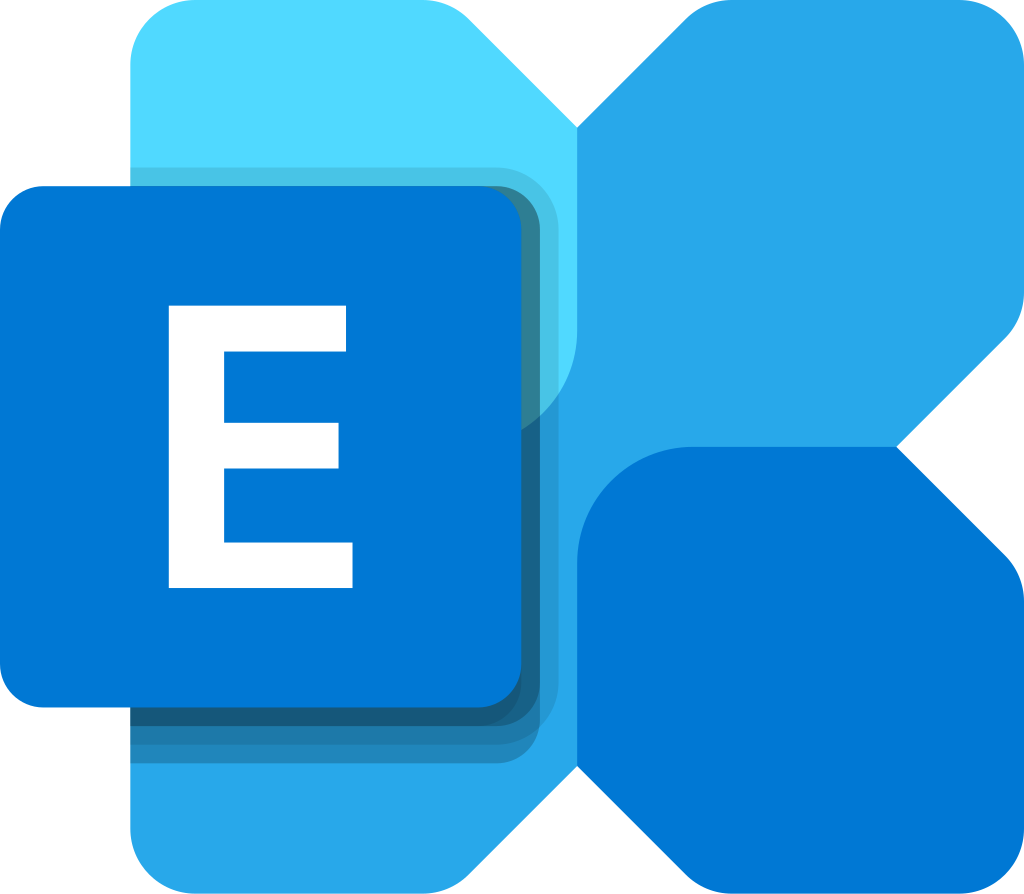 Microsoft Exchange logo featuring a white letter E on a blue square with abstract overlapping shapes in blue shades behind it.