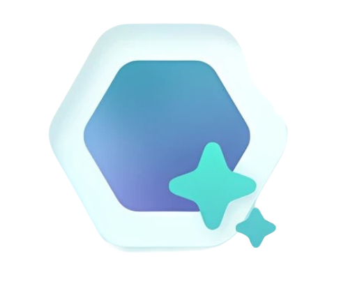 Blue hexagon with rounded edges surrounded by a white border and two teal star shapes on the lower right side.