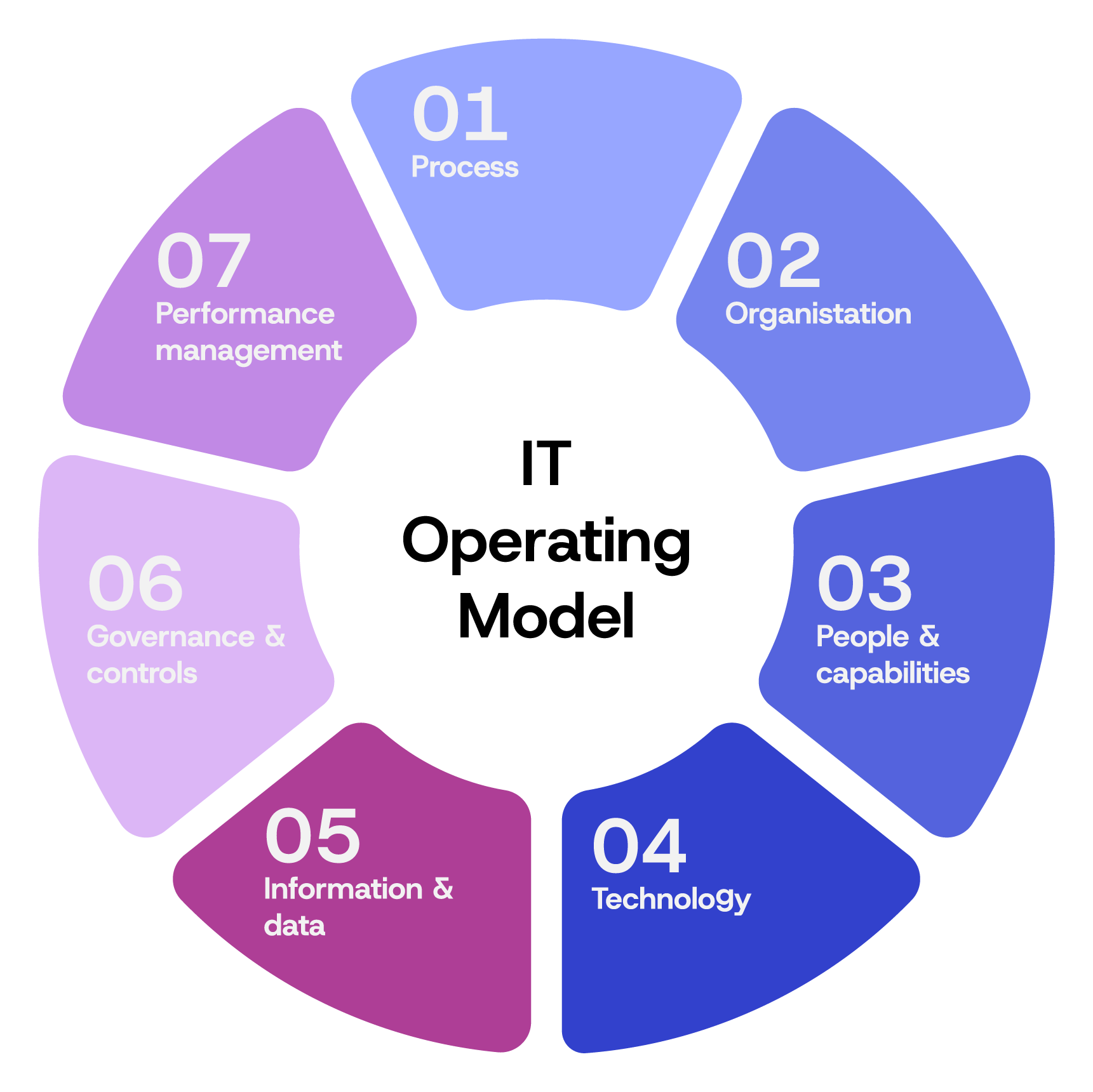 Circular diagram showing seven segments of an IT Operating Model: Process, Organisation, People & capabilities, Technology, Information & data, Governance & controls, and Performance management.