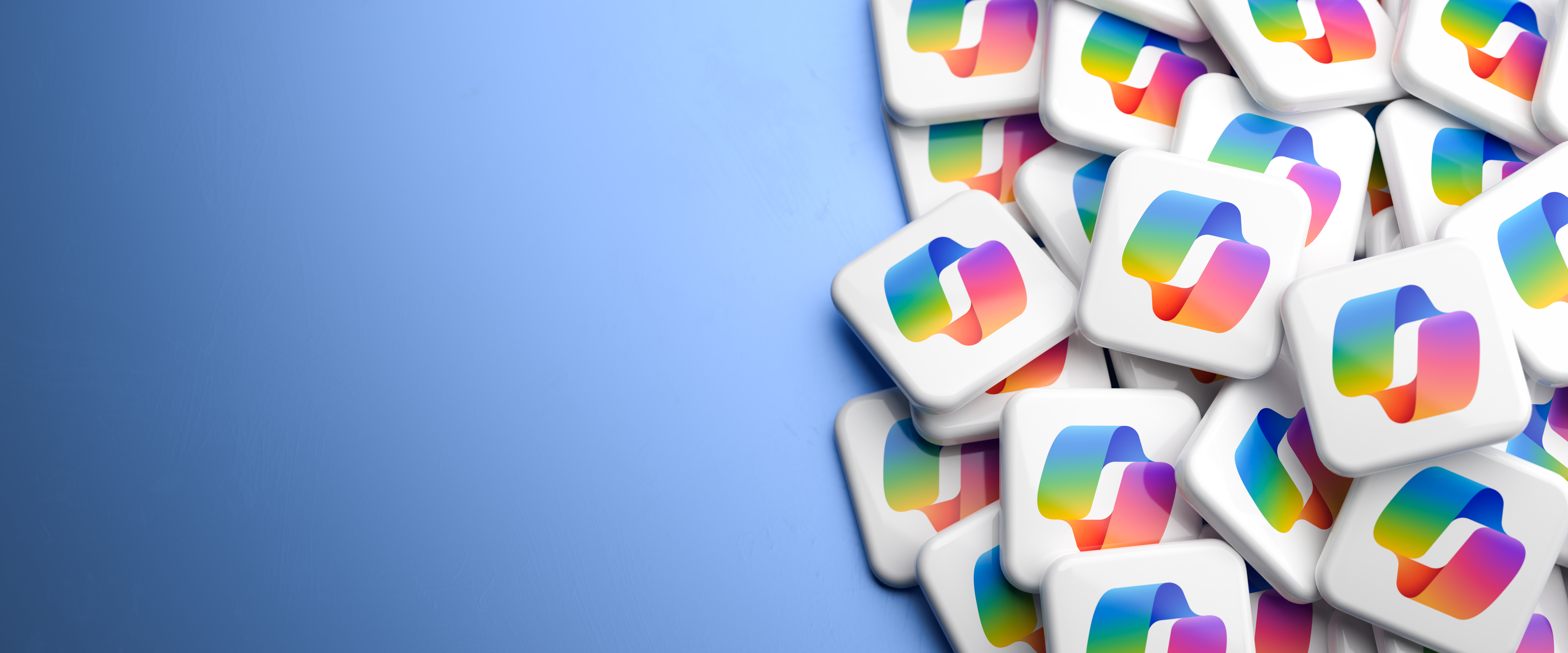 Pile of square white app icons with a colorful overlapping rounded square logo on a blue background.