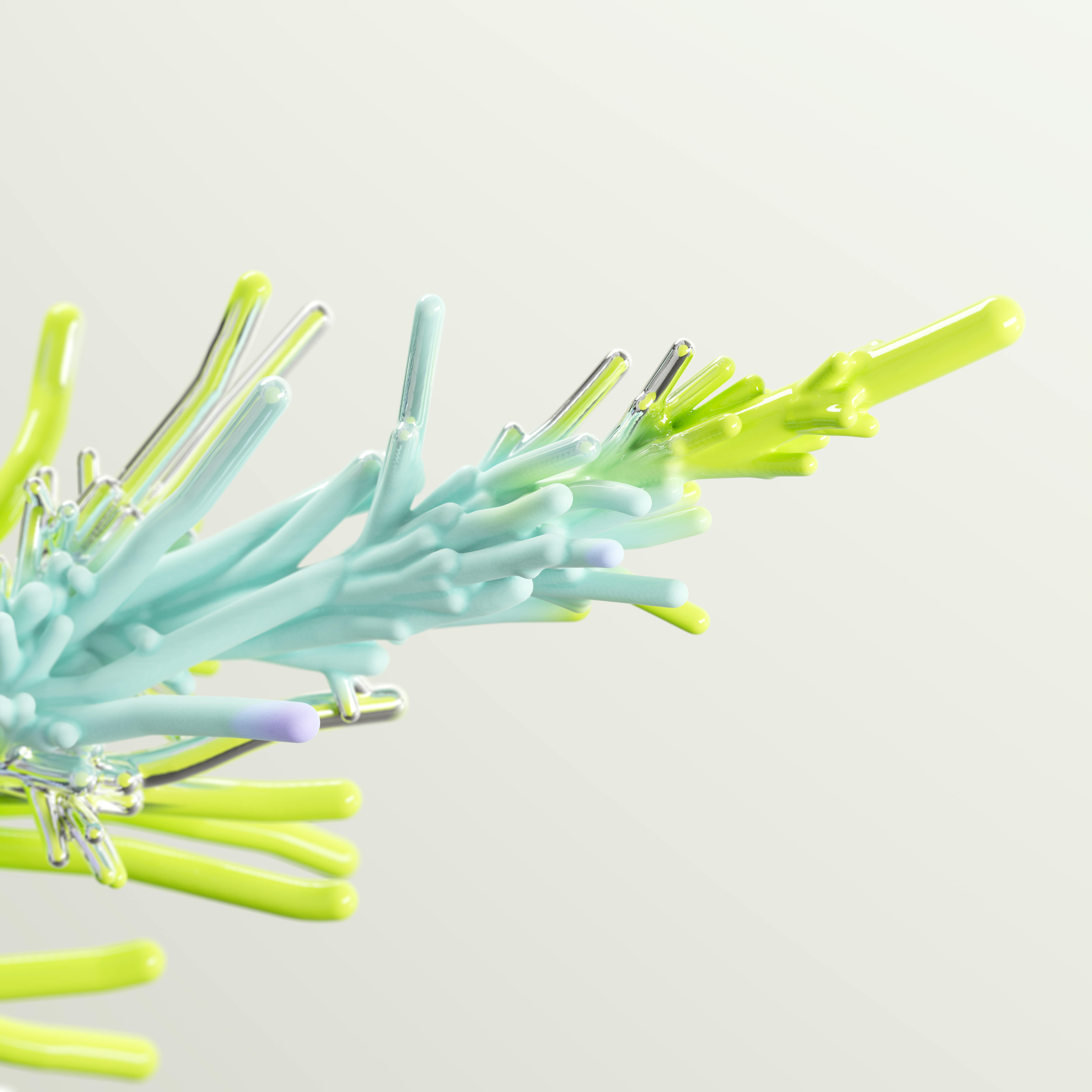 Abstract 3D structure with intertwined glossy tubes in light blue and neon yellow on a light background.