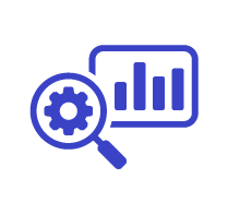Blue icon showing a magnifying glass with gear inside in front of a bar chart on a screen.