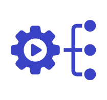 Icon of a gear with a play button connected to a flowchart with three nodes.