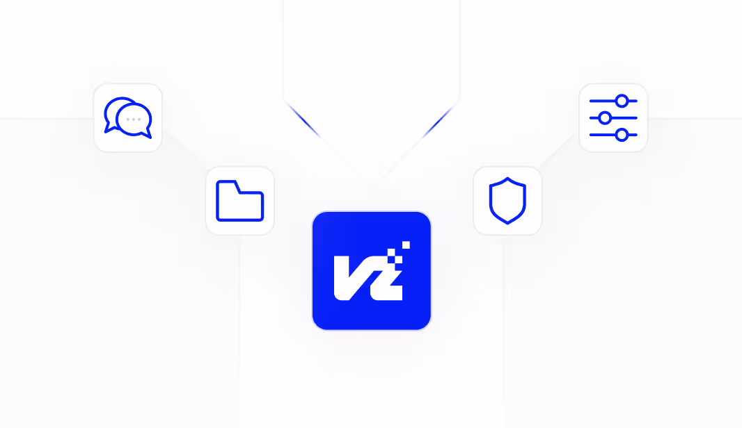 Zentrales blaues Icon mit weißen Buchstaben und vier umliegenden Symbolen für Chat, Ordner, Sicherheit und Einstellungen.