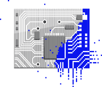 Abstraktes digitales Artwork eines Mikrochip-Schaltkreises mit schwarzen Leiterbahnen und blauem Pixelmuster, das nach rechts unten zerfällt.