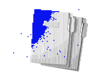 Abstraktes 3D-Objekt mit schwarzen Linien und zufällig verteilten blauen Pixeln auf weißem Hintergrund.