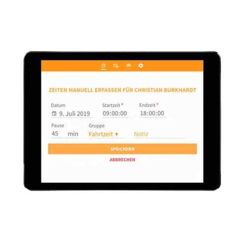Tablet Übersicht der Zeiterfassung und ein Beispiel von Stempelungen