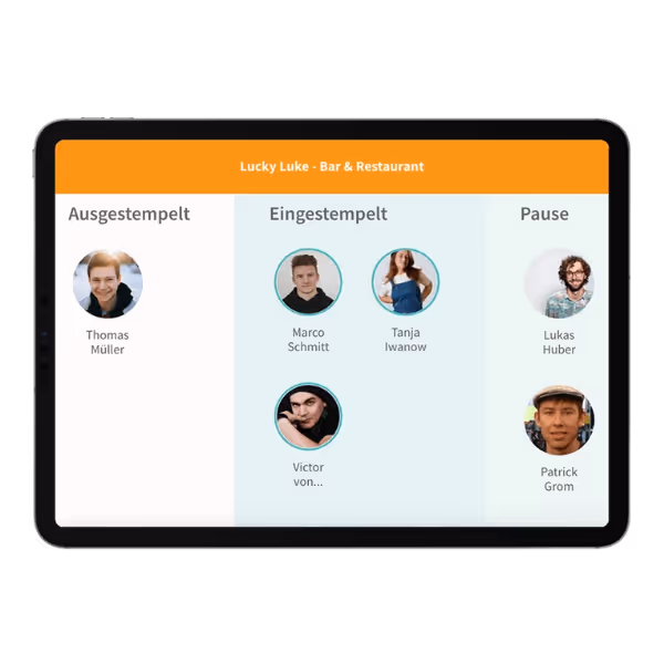 Terminal der Zeiterfassungssoftware im Überblick auf dem Tablet