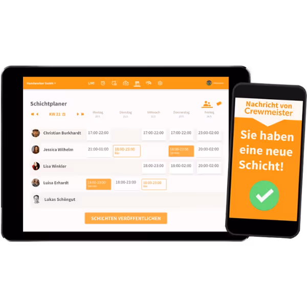 Schichtplanerübersicht inklusive Handy für die Zeiterfassung