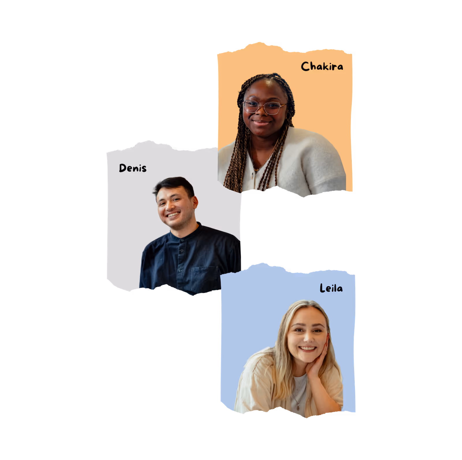 Drei lächelnde Personen: Denis in dunklem Hemd vor grauem Hintergrund, Chakira mit langen Zöpfen und Brille vor beigem Hintergrund, Leila mit blonden Haaren und hellem Oberteil vor blauem Hintergrund.